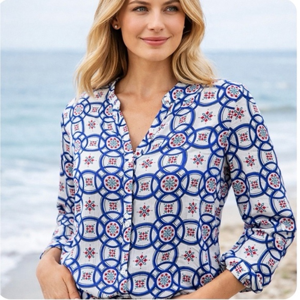 XXL Boho Tile Floral Print Cotton Blouse Liz Claiborne Coastal Spring Top